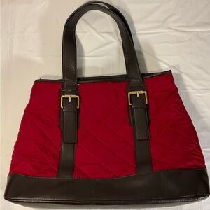Talbots Sturdy Quilted & Vegan Leather Tote Red And Dark Brown ￼13x17x7